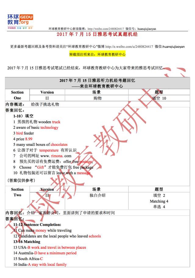 2017年7月15日雅思听力机经