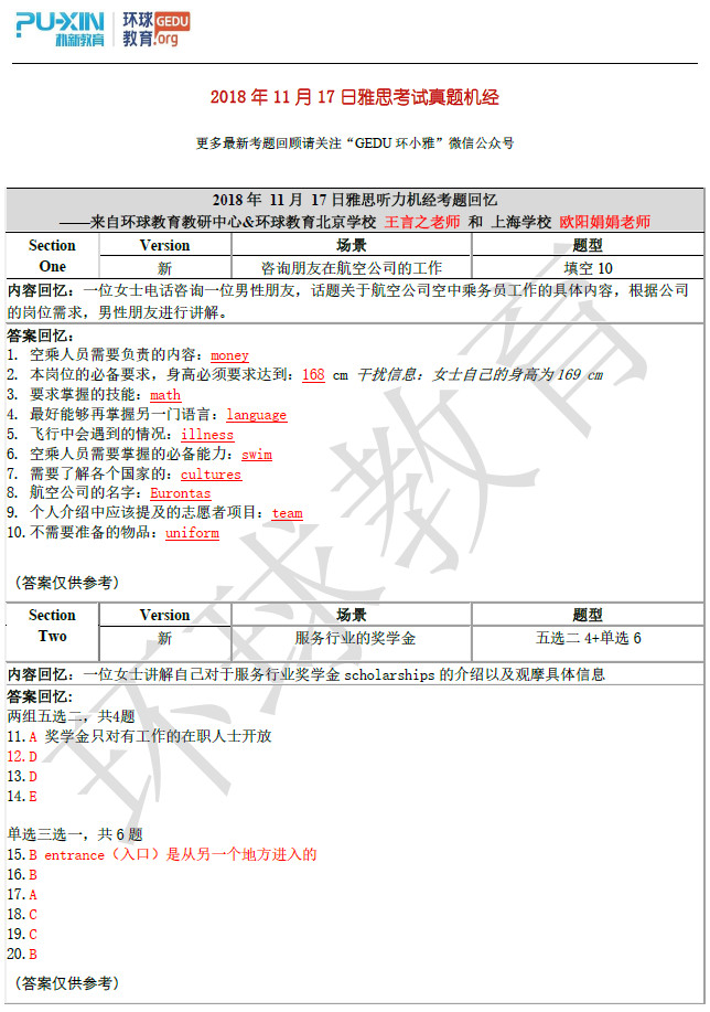 2018年11月17日雅思听力机经(一)